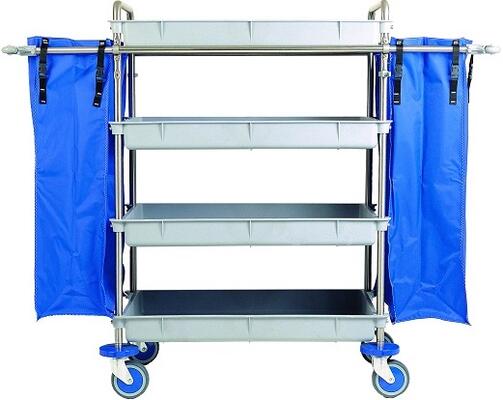 Chrome Housekeeping Trolley with 4 Trays and 2 Bags